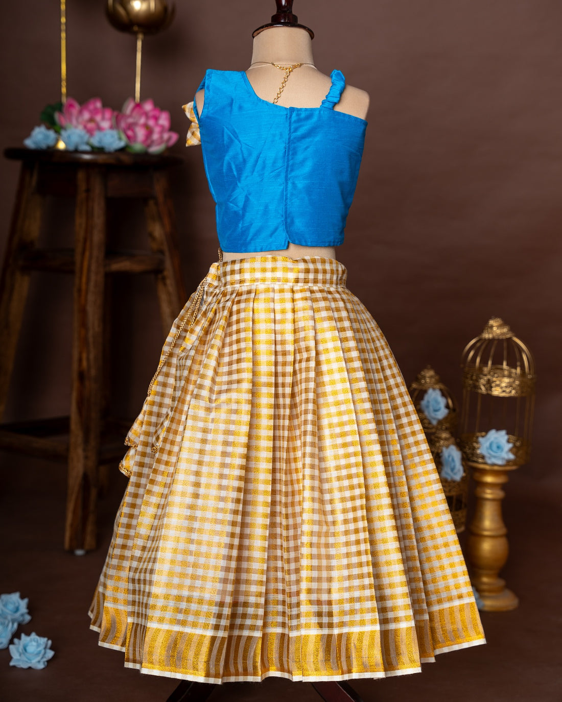 Light Blue Silk Top and Checked Kasavu Cotton Skirt – Minmini Onam Collections