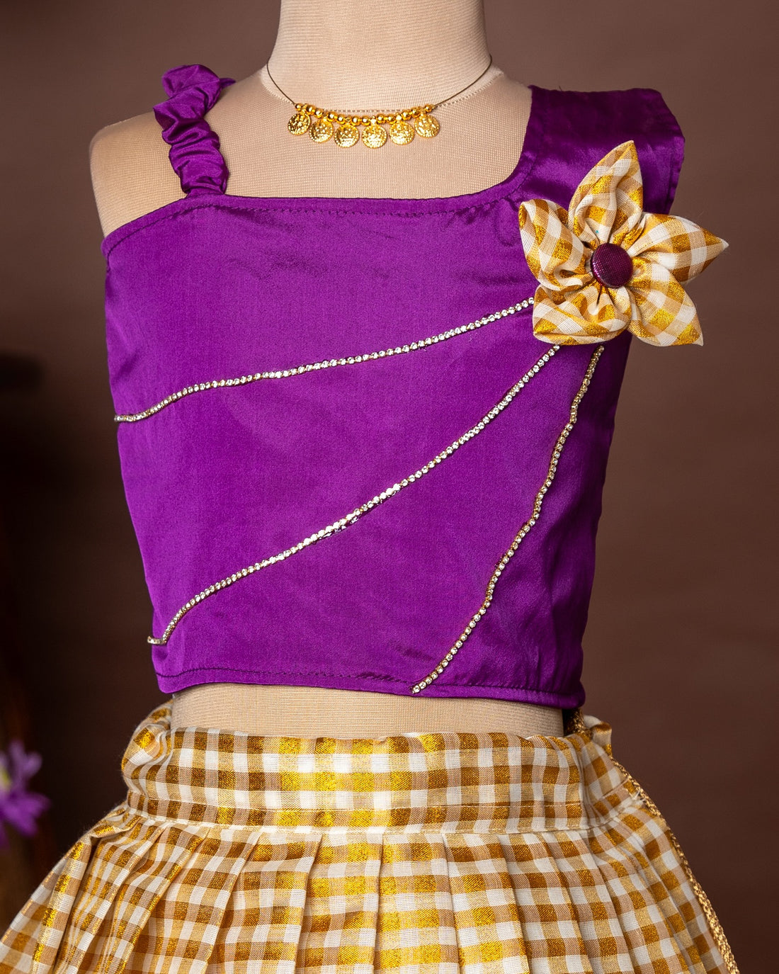 Magenta Pink Silk Top and Checked Kasavu Cotton Skirt – Minmini Onam Collections