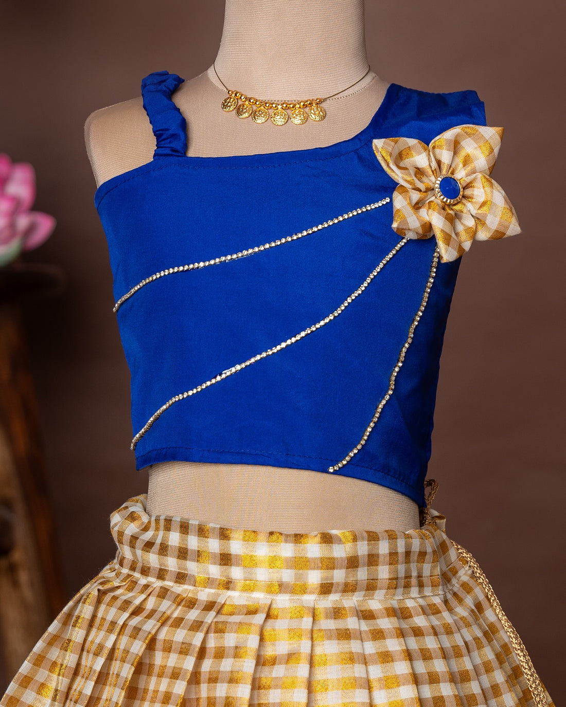 Navy Blue Silk Top and Checked Kasavu Cotton Skirt – Minmini Onam Collections