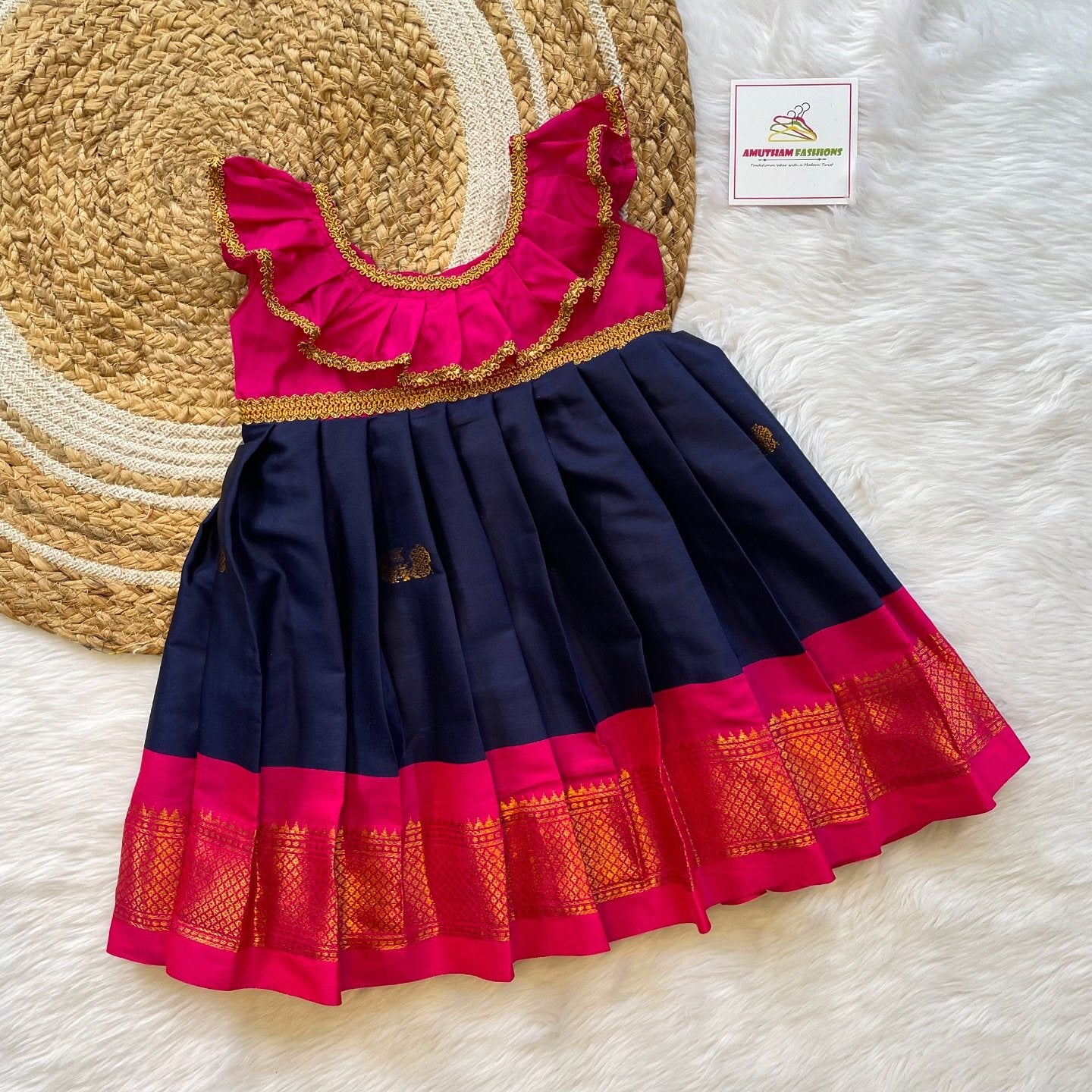 Pink and Dark Blue Silk Frock