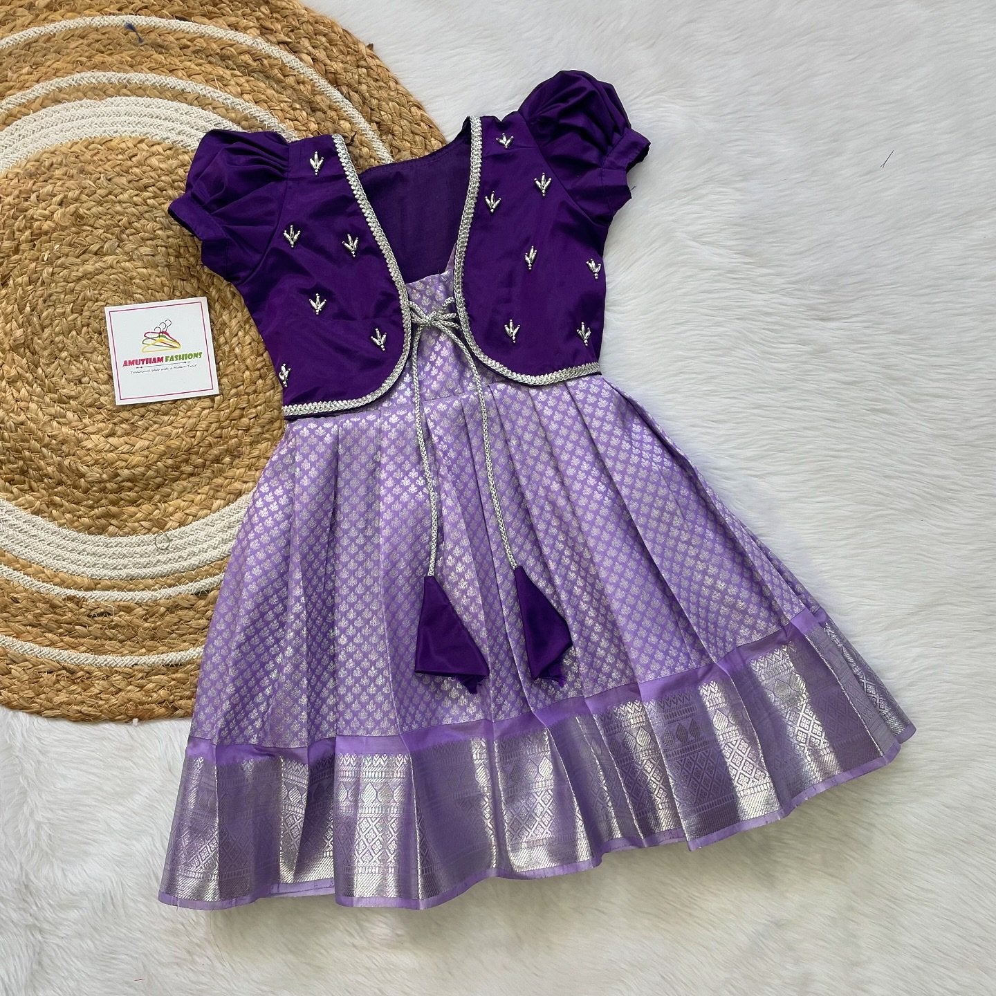 Lavender and Purple Kanchipattu Frock with Jacket