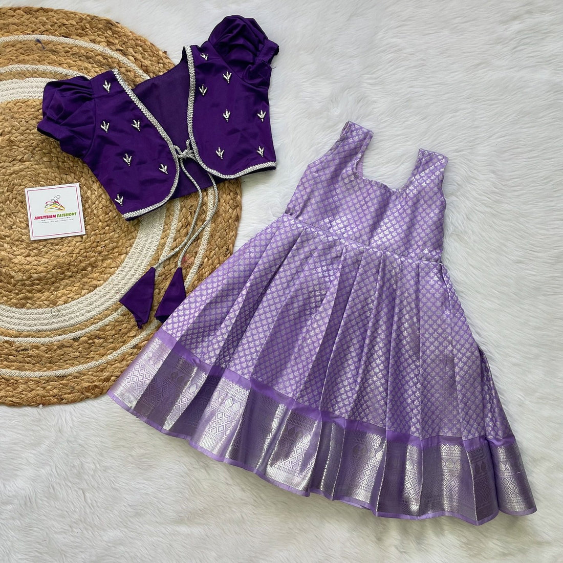 Lavender & Purple Kanchipattu Frock with Jacket and Matching Saree