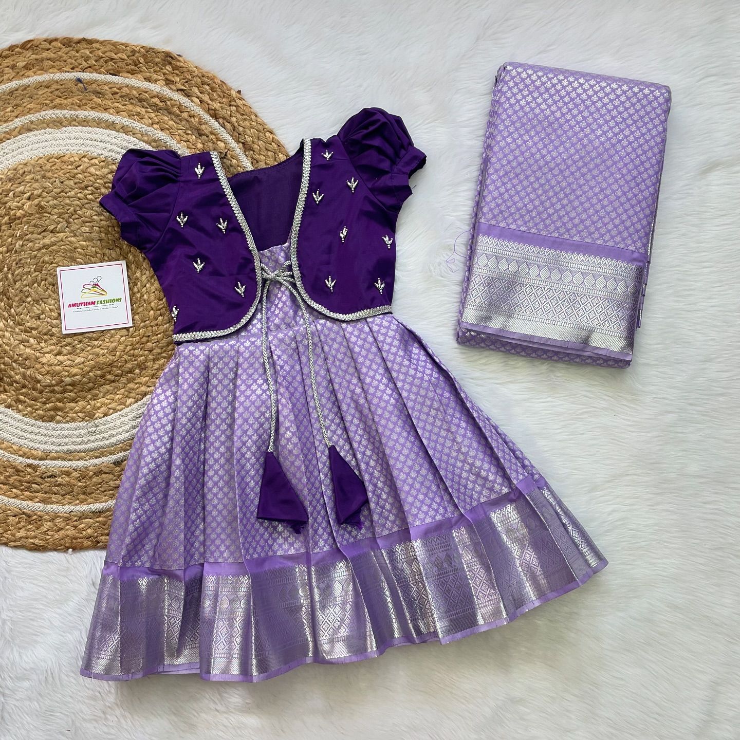 Lavender & Purple Kanchipattu Frock with Jacket and Matching Saree