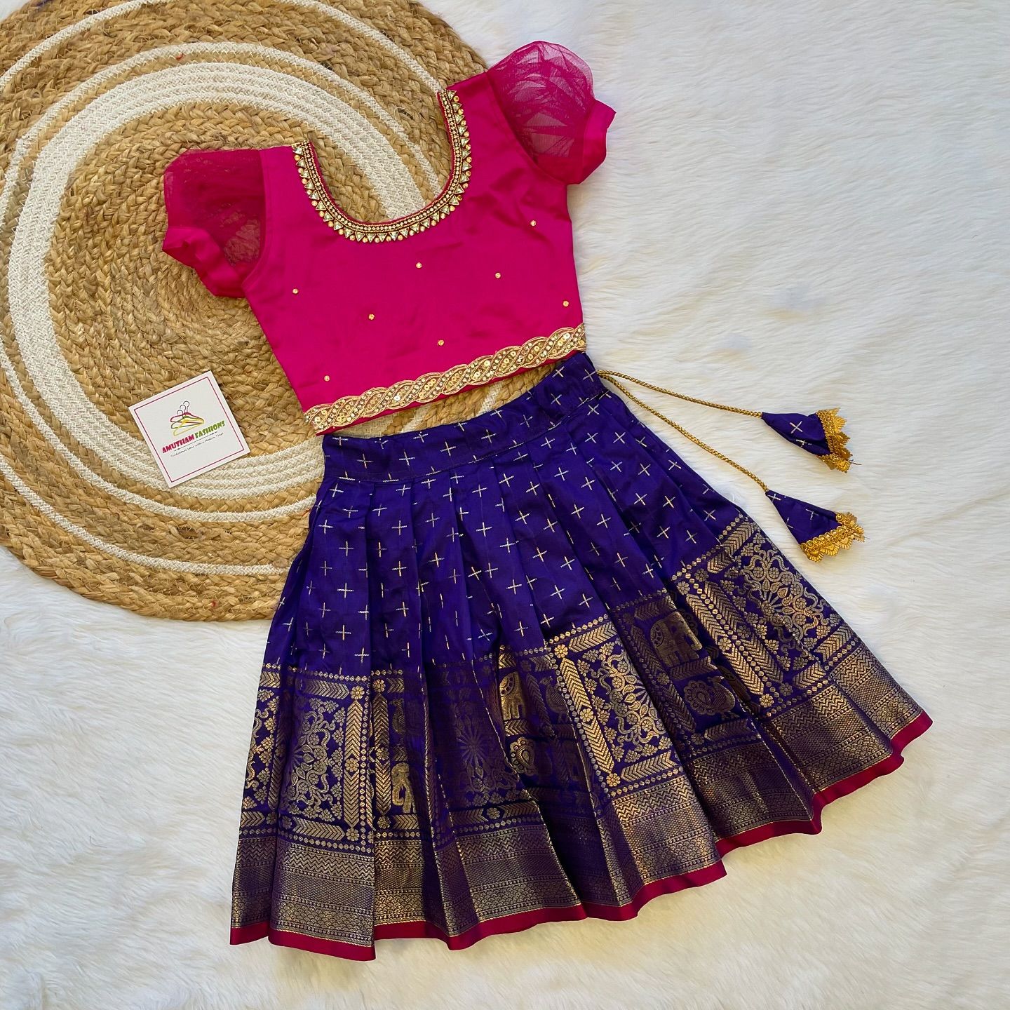 Pink Silk Top and Blue Long Border Semi Kanchipattu Paavadai and Sattai