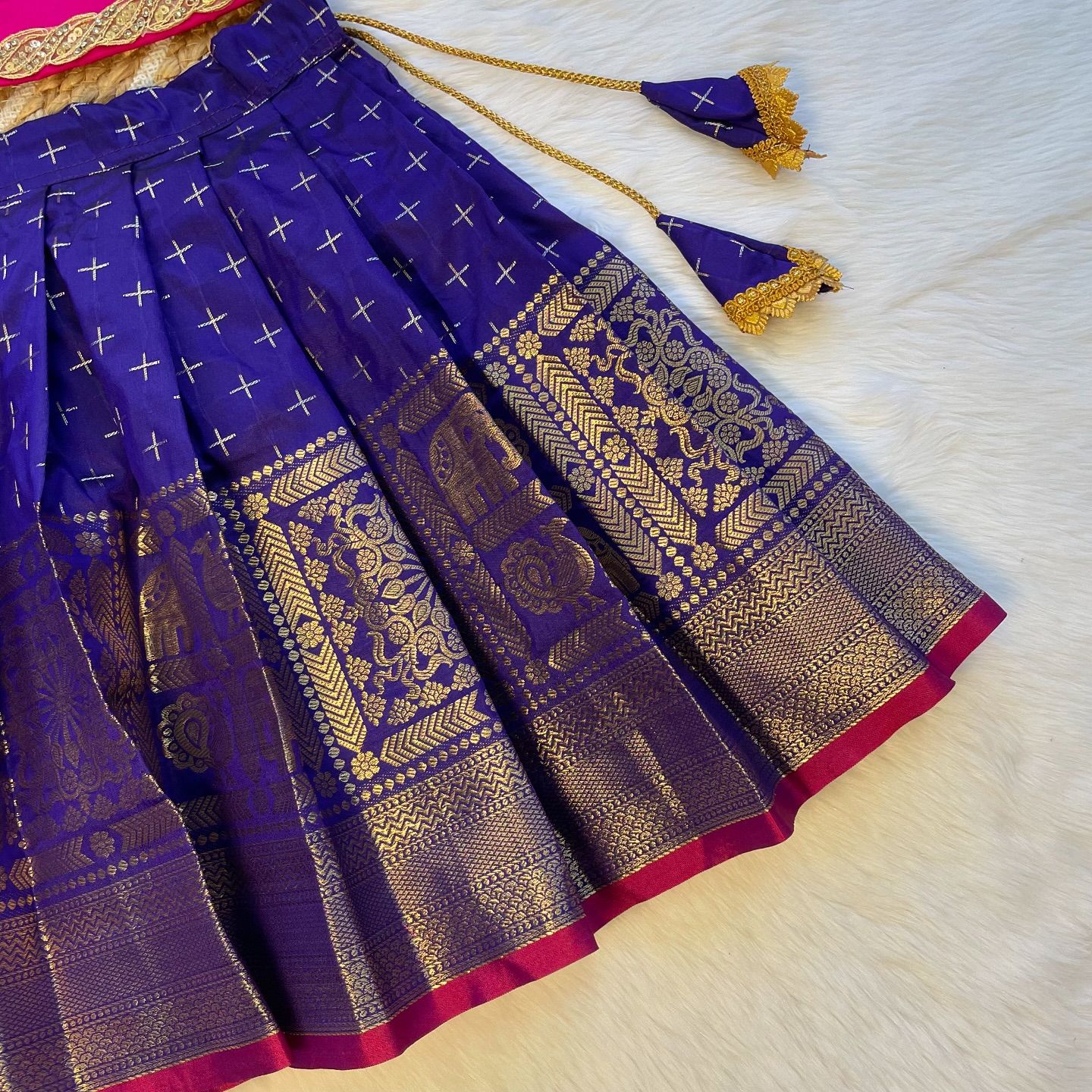 Pink Silk Top and Blue Long Border Semi Kanchipattu Paavadai and Sattai