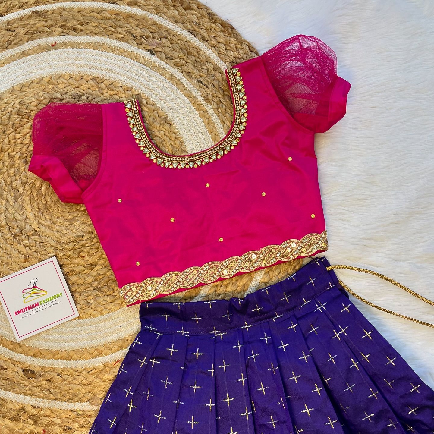 Pink Silk Top and Blue Short Border Semi Kanchipattu Paavadai and Sattai