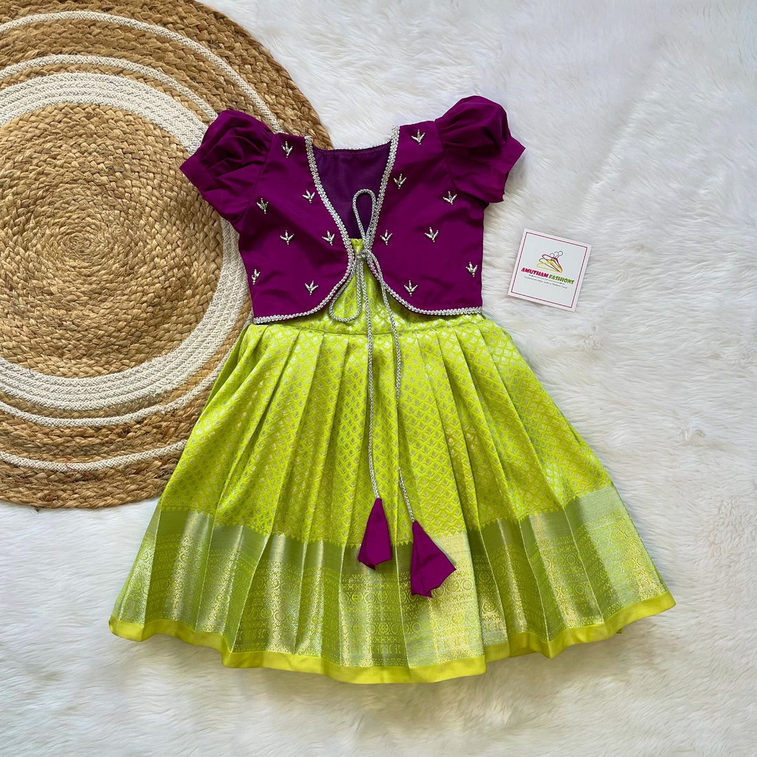 Light Green Semi Kanchipattu Frock with Grape Color Semi Silk Jacket & Matching Mom Saree