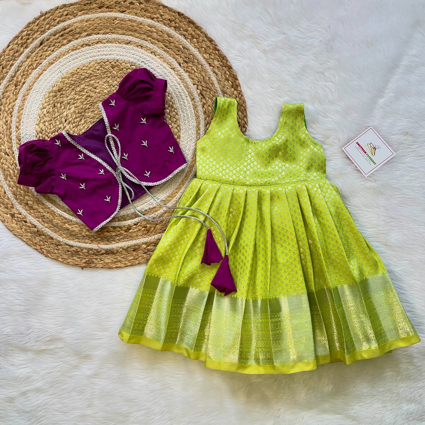 Light Green Semi Kanchipattu Frock with Grape Color Semi Silk Jacket