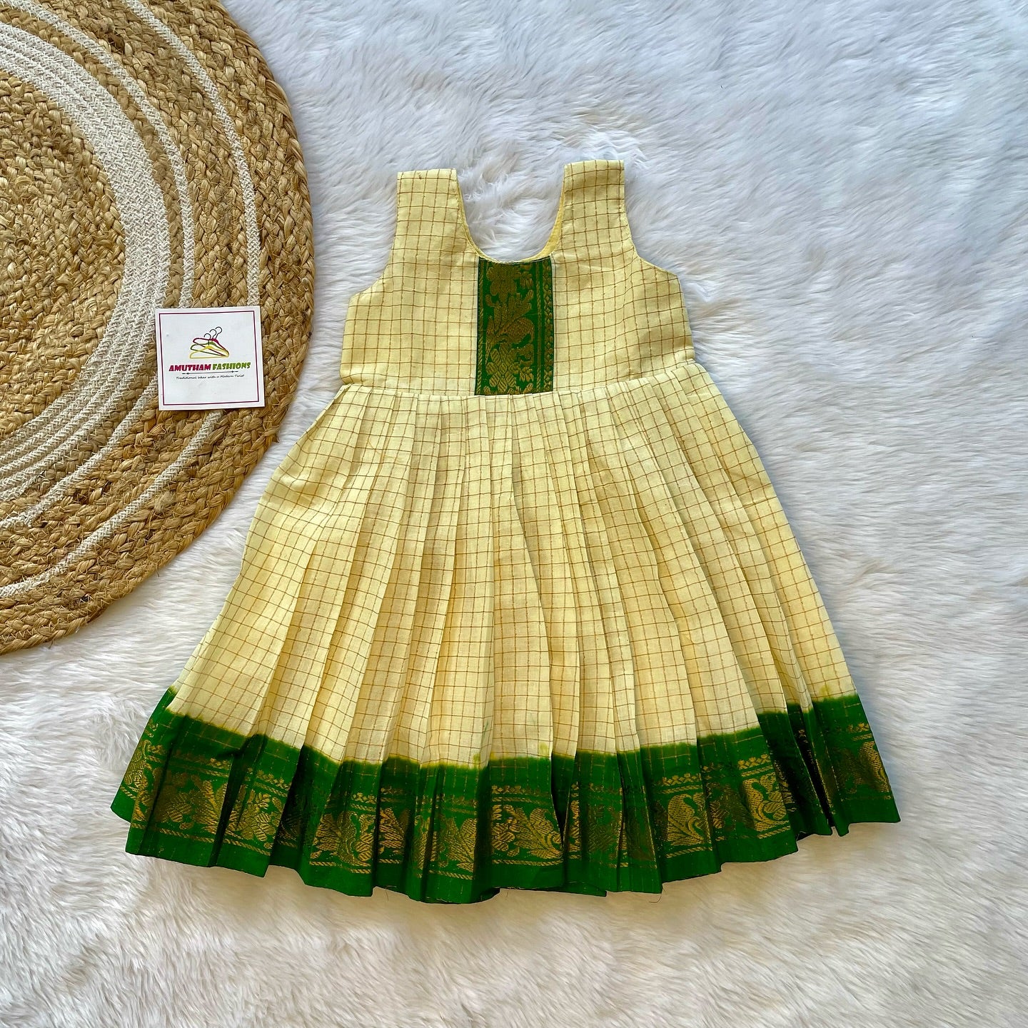 Off White & Bottle Green Color Border Sleeveless Madurai Sungudi cotton frock