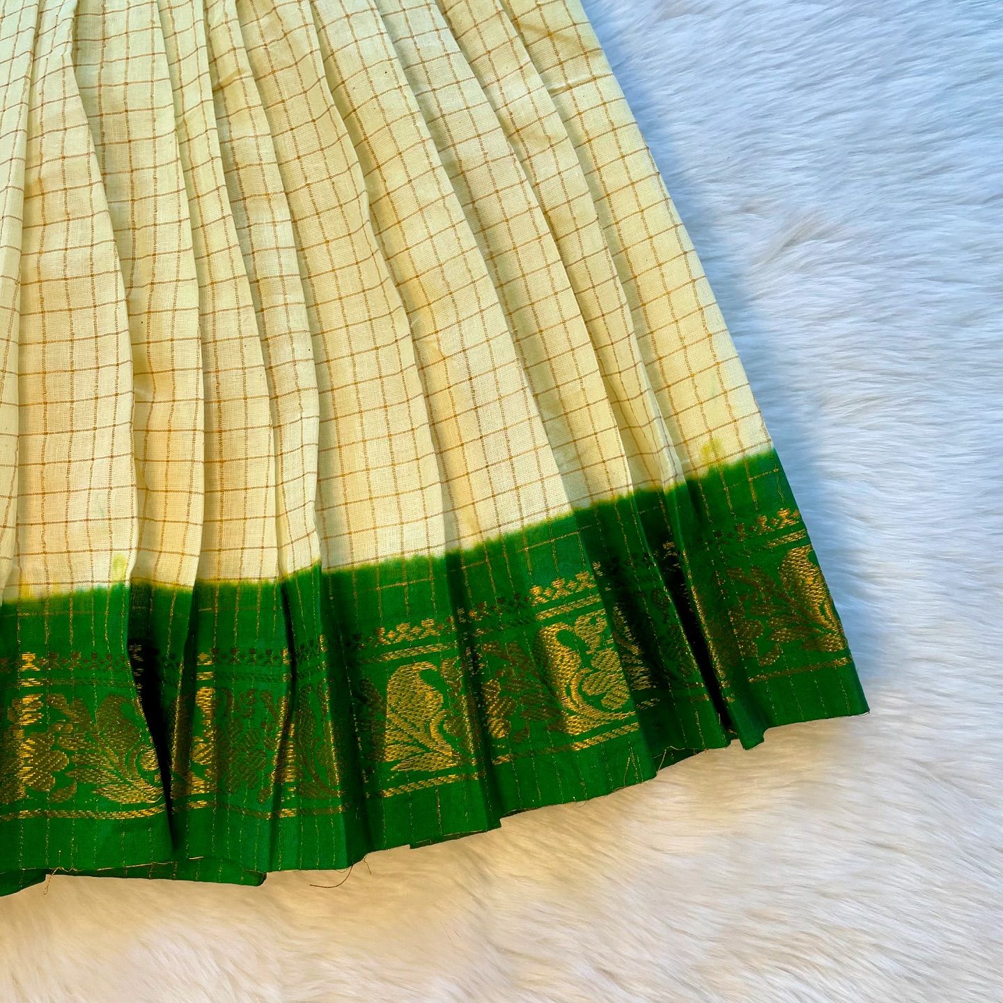Off White & Bottle Green Color Border Sleeveless Madurai Sungudi cotton frock