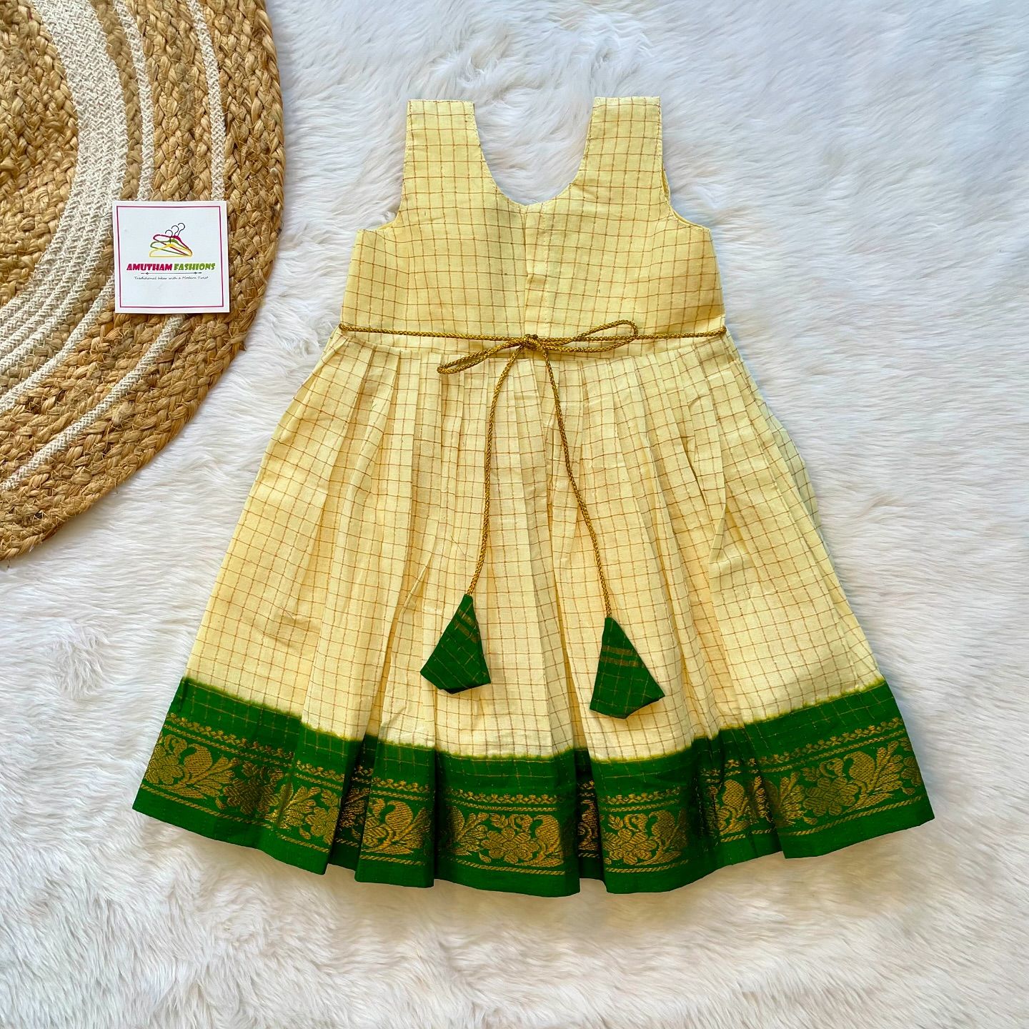 Off White & Bottle Green Color Border Sleeveless Madurai Sungudi cotton frock