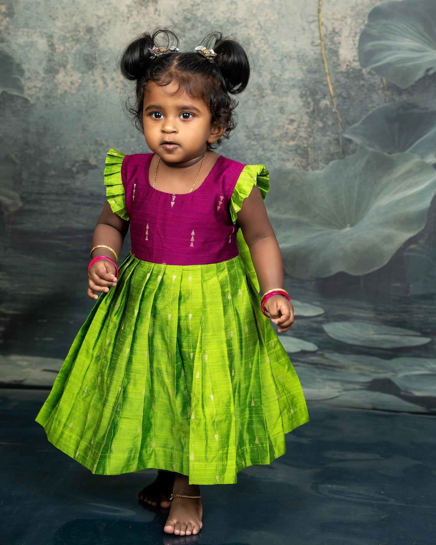 Light Green and Purple Raw Silk Frock