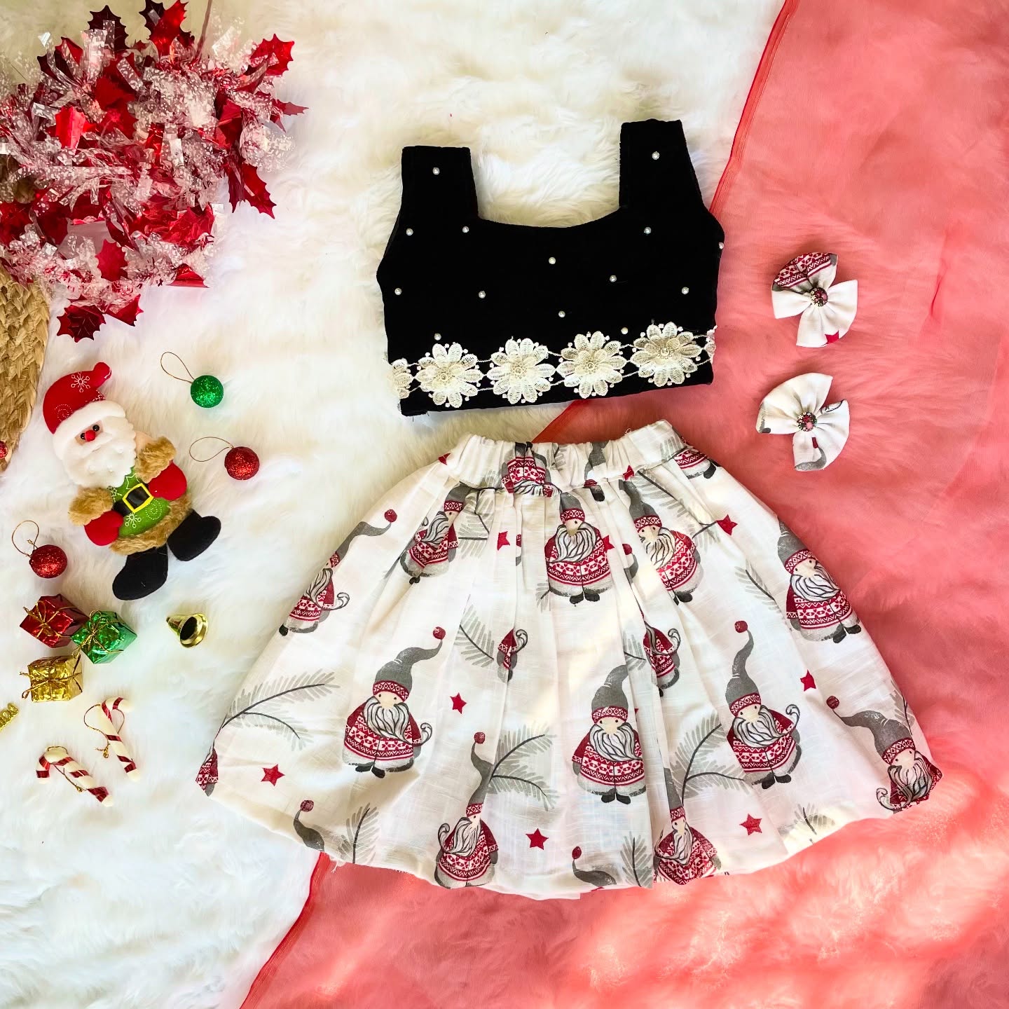 Black Velvet Top and White Cotton Skirt - Jingle Christmas Collections