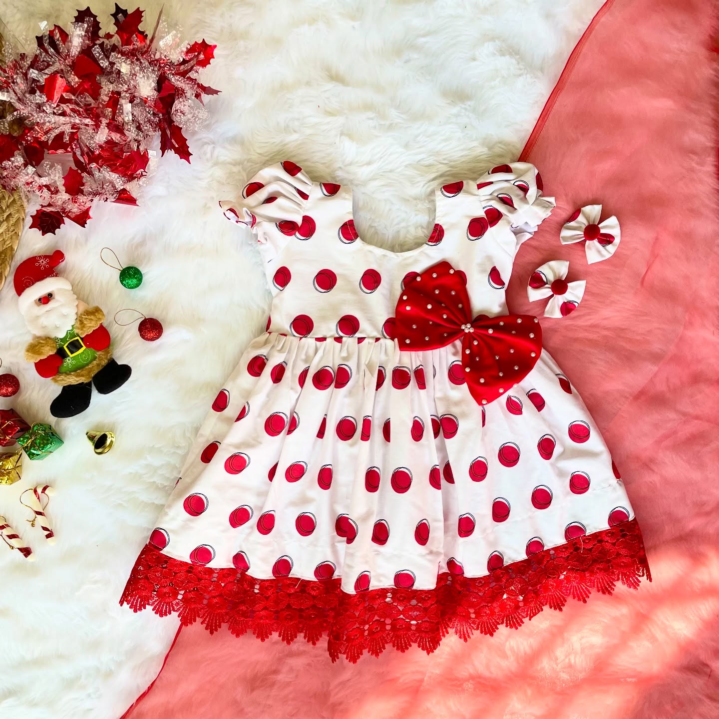 White and Red Polka Dotted Frock - Jingle Christmas Collections