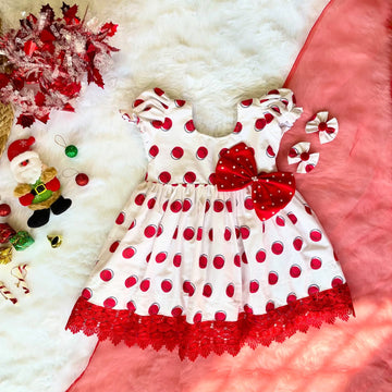 White and Red Polka Dotted Frock - Jingle Christmas Collections
