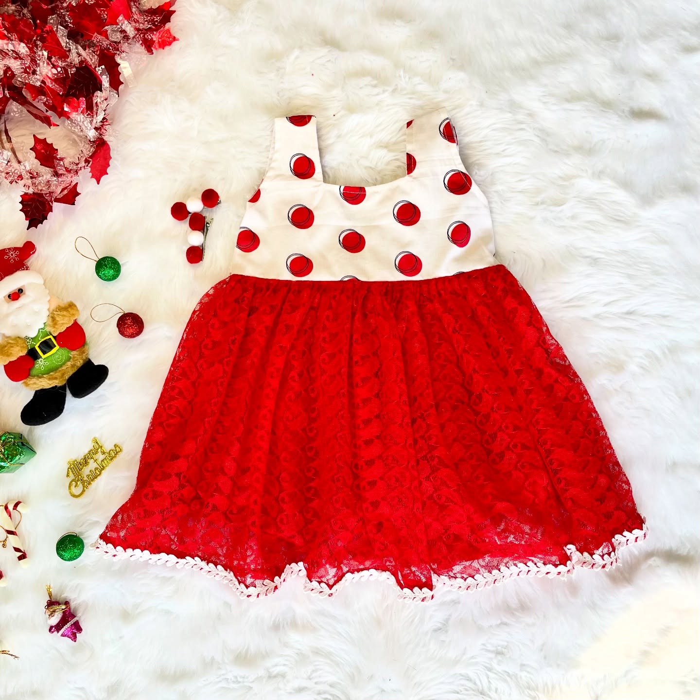 White Polka Dot with Red Netted Frock - Jingle Christmas Collections