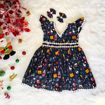 Dark Blue Christmas Theme Frock - Jingle Christmas Collections