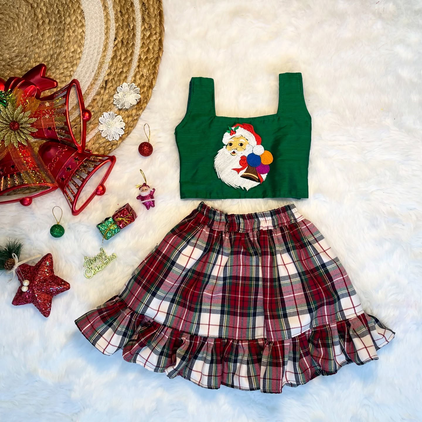 Red and Green Checked Skirt and Green Embroidery Top - Jingle Christmas Collections