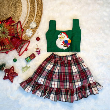 Red and Green Checked Skirt and Green Embroidery Top - Jingle Christmas Collections