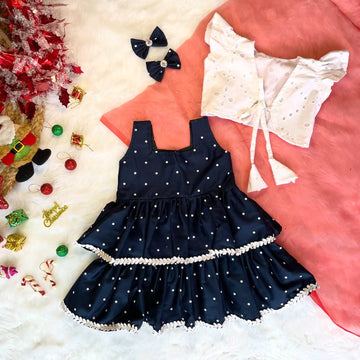 Blue Polka Dot Layered Frock and White Hakoba Coat - Jingle Christmas Collections