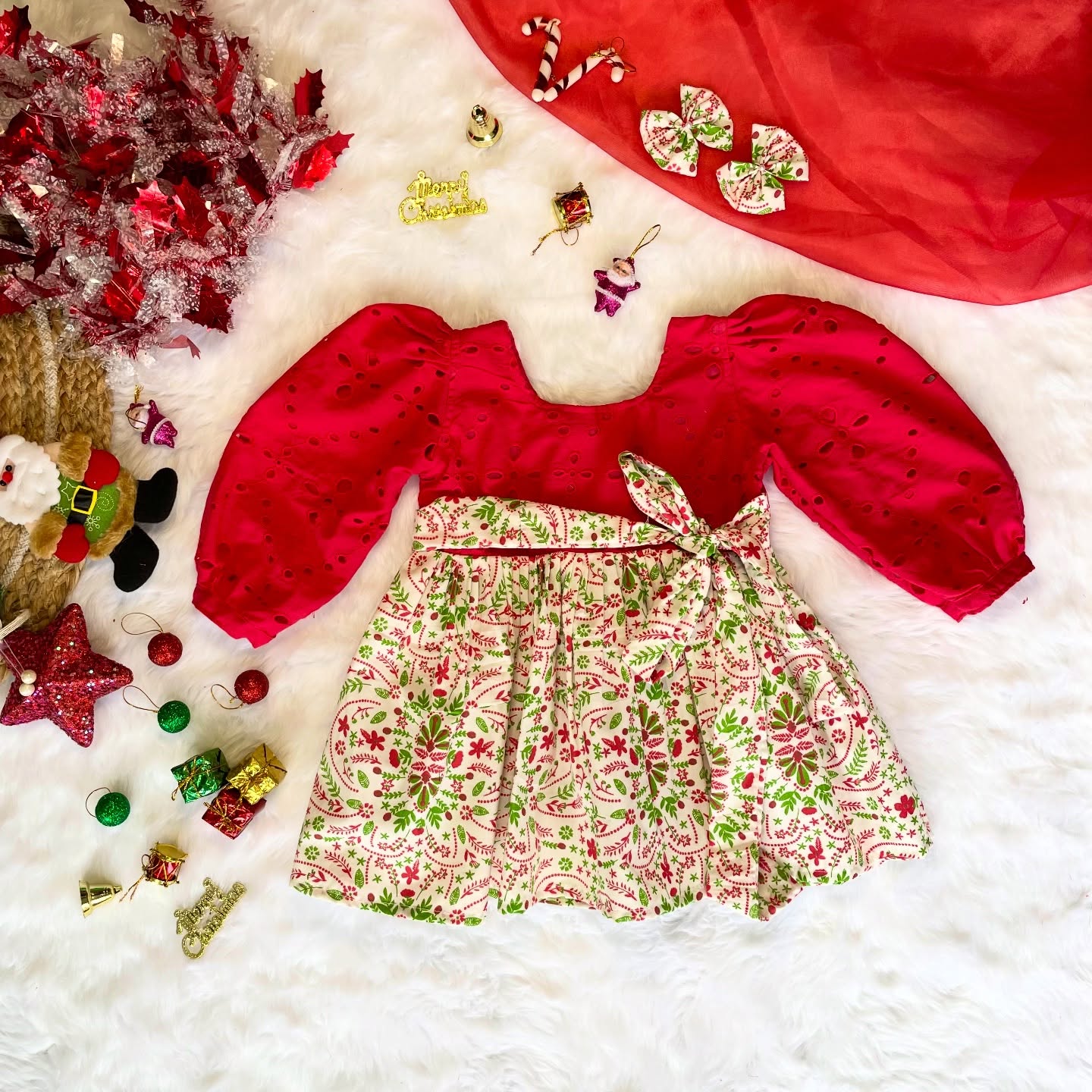 Red and White floral Frock - Jingle Christmas Collections
