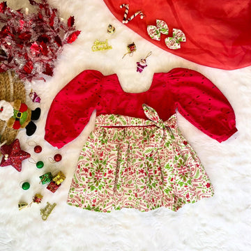 Red and White floral Frock - Jingle Christmas Collections