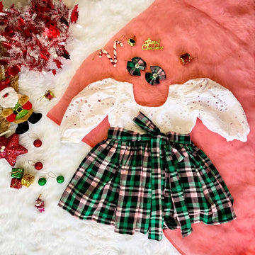Green Checked and White Hakoba Frock - Jingle Christmas Collections