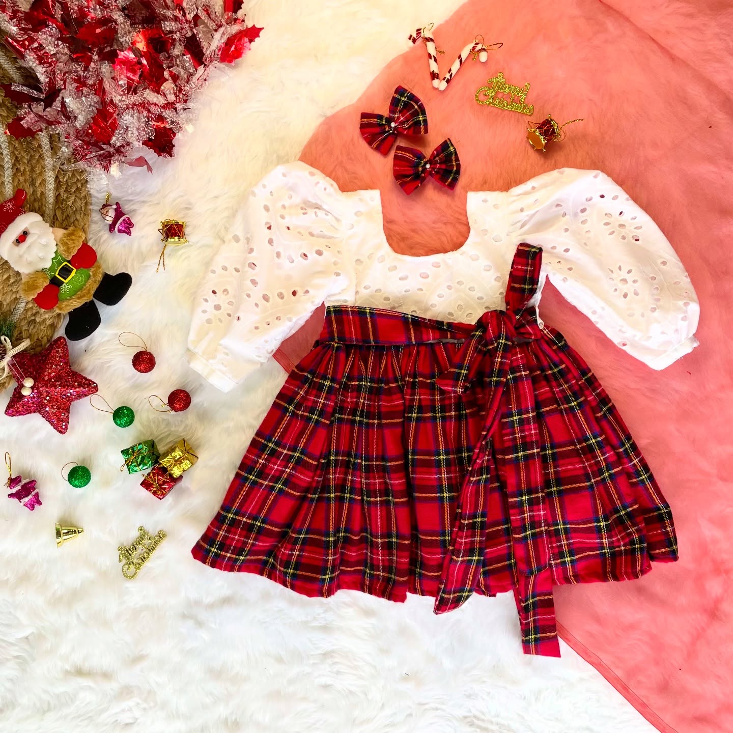Red Checked and White Hakoba Frock - Jingle Christmas Collections