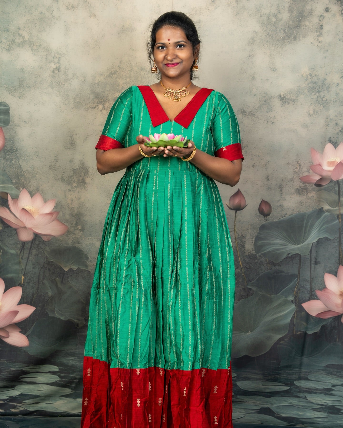 Raw Silk Red and Green Mom Daughter Combo - Feeding Long Gown for Mom | Baby Frock