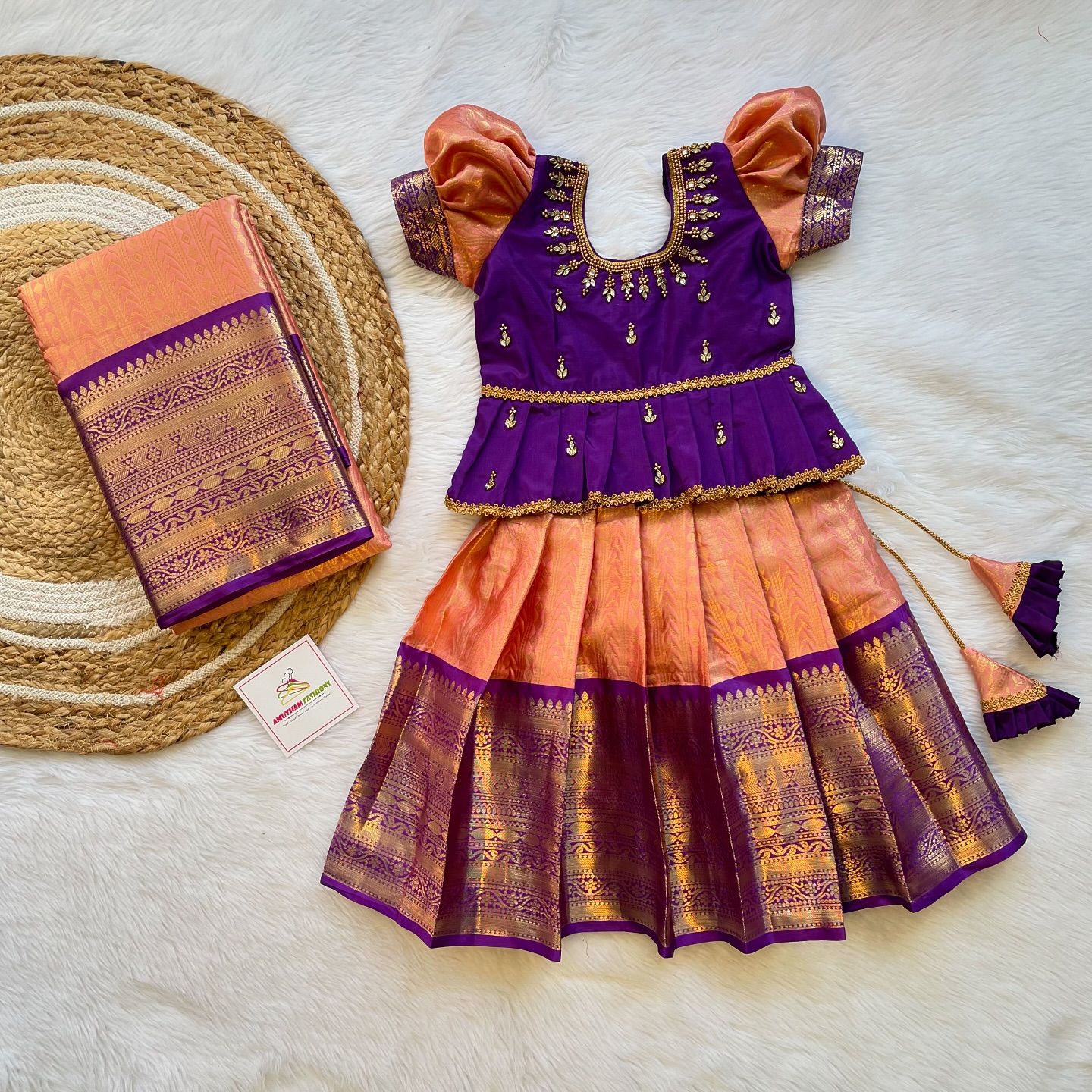 Premium Semi Kanchipattu Grand Aariwork Lehenga Set in Voilet and Peach Combo and Matching Mom Saree