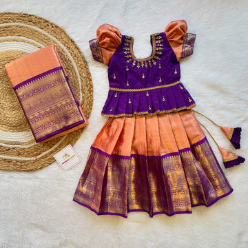 Premium Semi Kanchipattu Grand Aariwork Lehenga Set in Voilet and Peach Combo and Matching Mom Saree