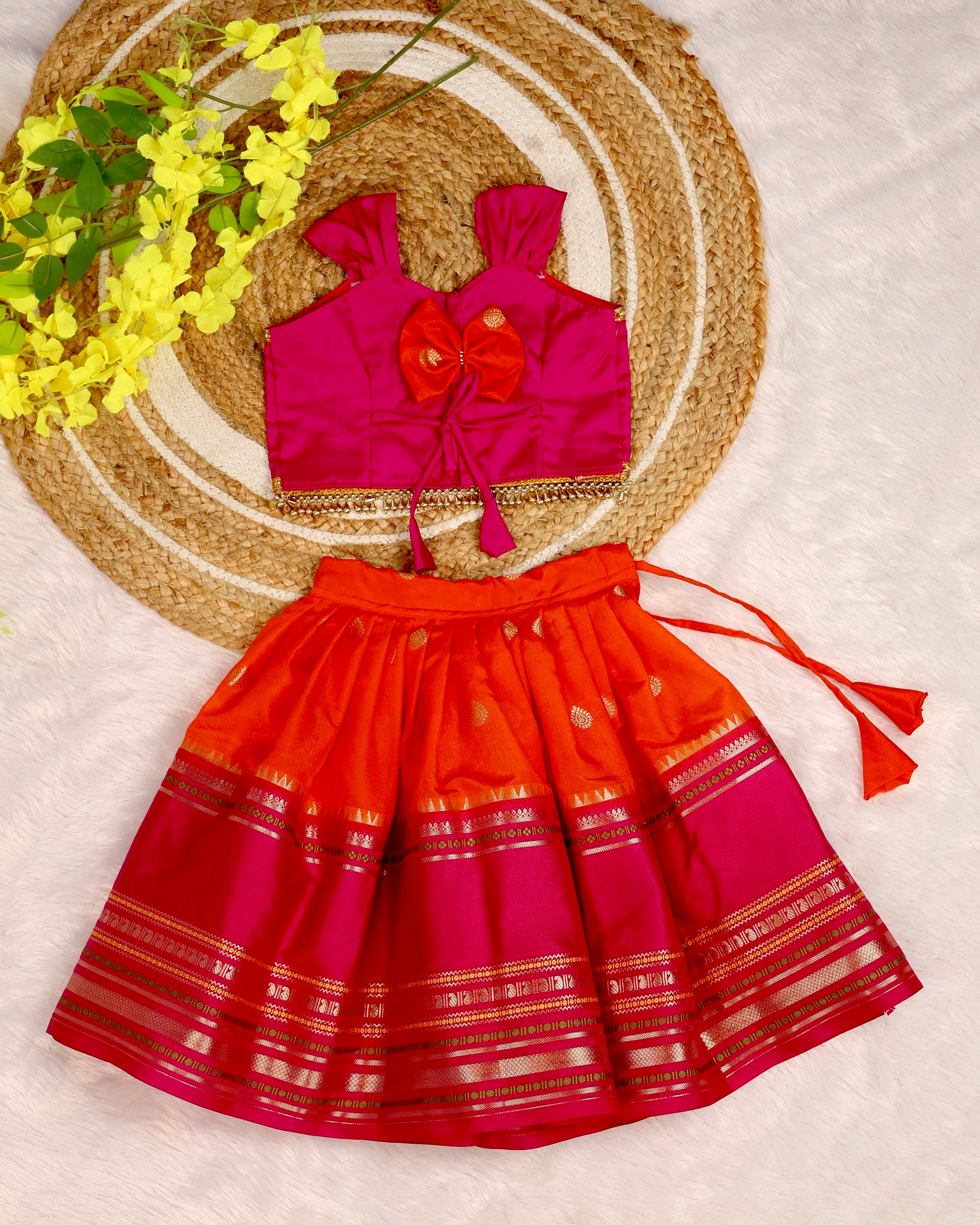 Premium Banarasi Silk Paavadai Sattai – Orange & Pink Combo