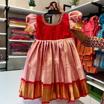 Peach and Red - Traditional Premium Semi Kanchipattu Frock