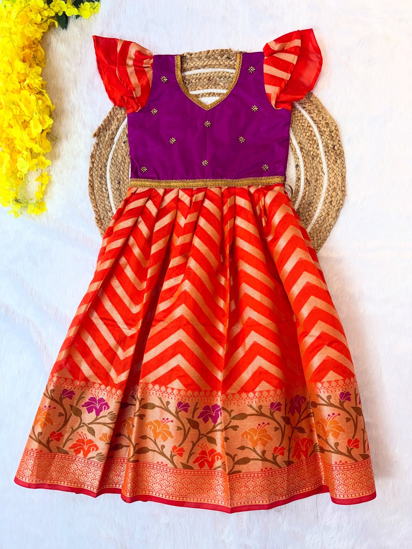 Presenting our Festival Silk Frock crafted in premium Semi Banarasi fabric - Orange and Pink
