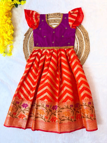 Presenting our Festival Silk Frock crafted in premium Semi Banarasi fabric - Orange and Pink