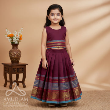 Maroon and Light Blue Authentic Kanchi cotton Paavadai Sattai with traditional zari border