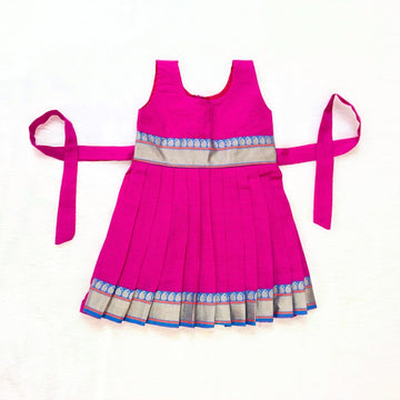 Magenta Pink with Blue Border - Girls Mangalagiri Cotton Midi Length Frock