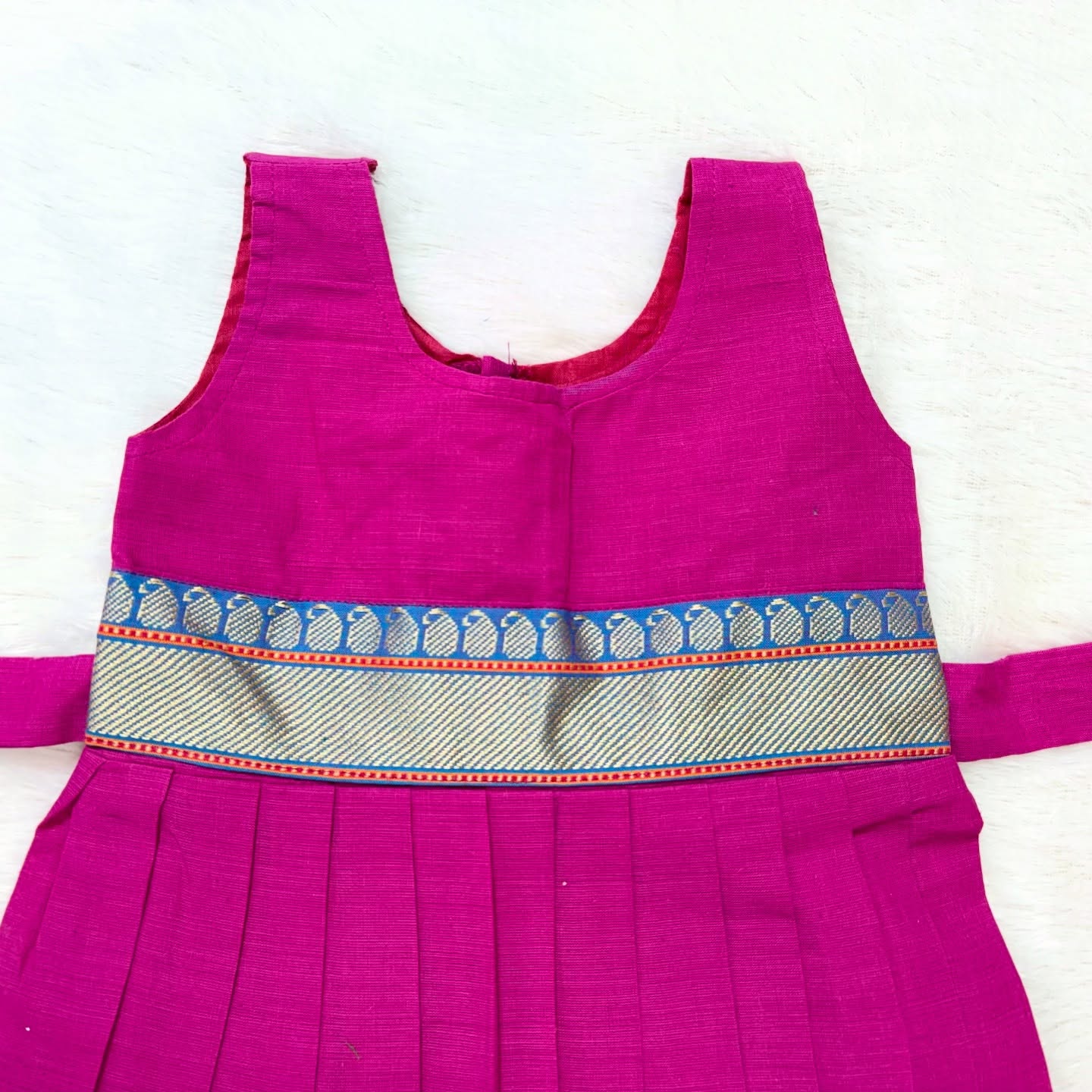 Magenta Pink with Blue Border - Girls Mangalagiri Cotton Midi Length Frock