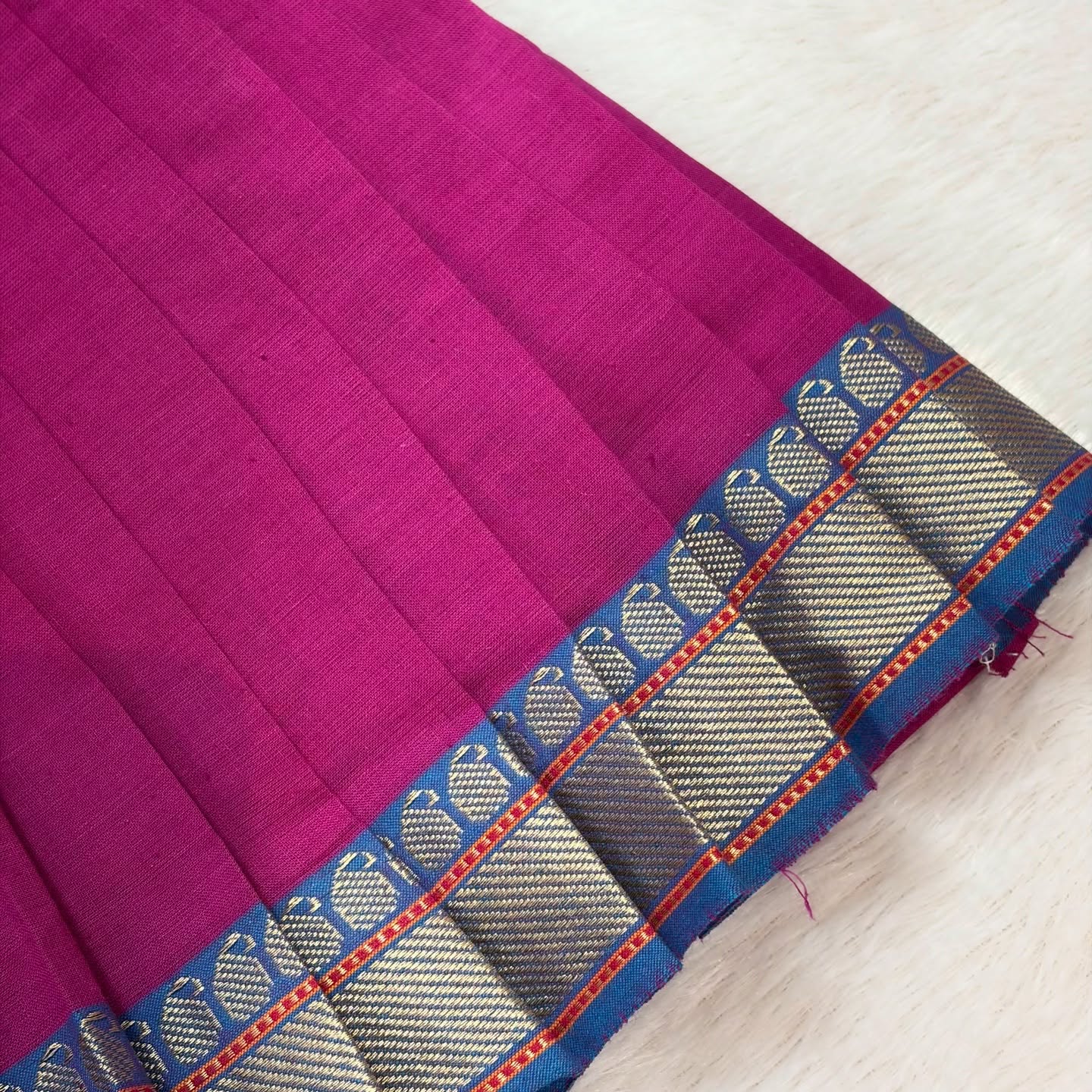 Magenta Pink with Blue Border - Girls Mangalagiri Cotton Midi Length Frock