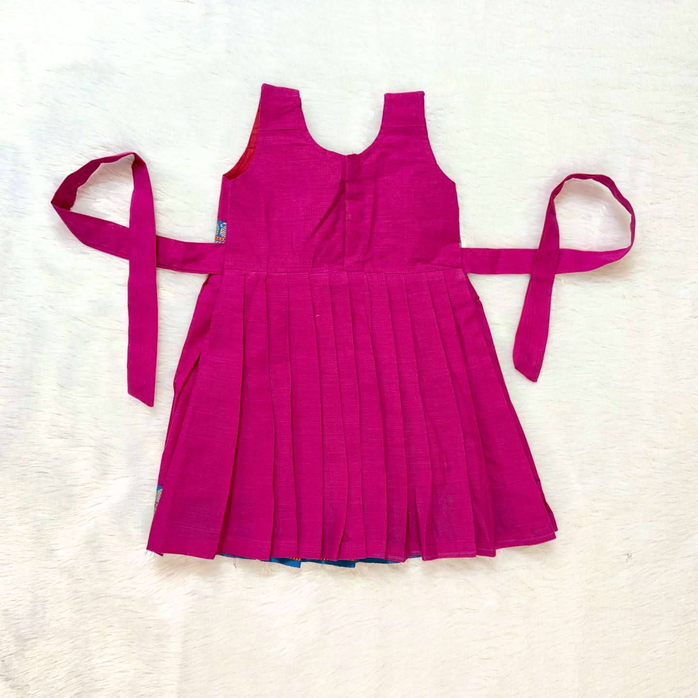 Magenta Pink with Blue Border - Girls Mangalagiri Cotton Midi Length Frock