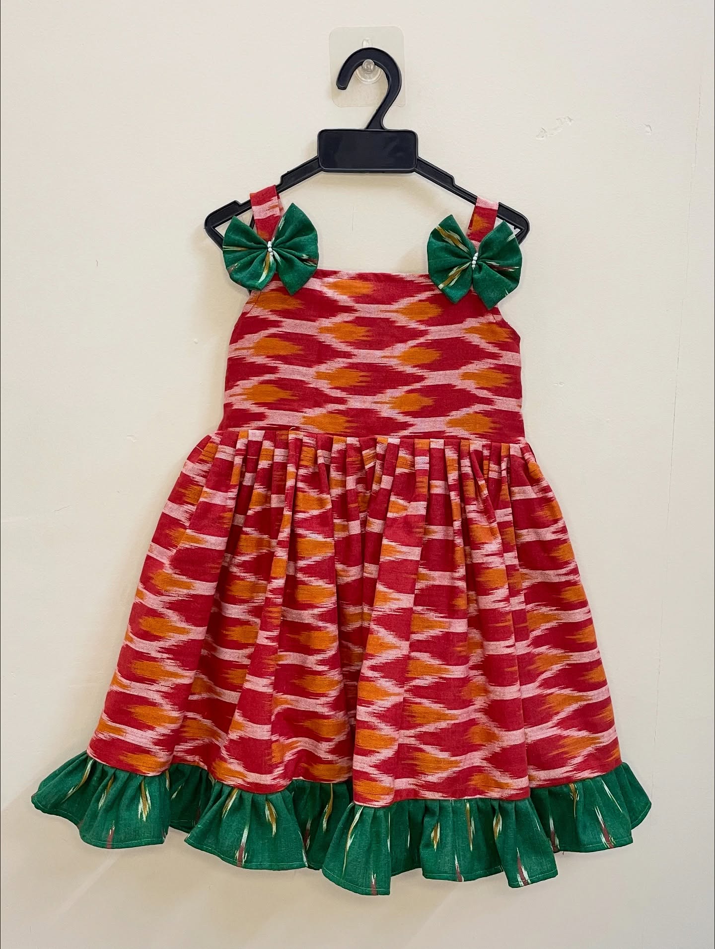 Red and Green Ikkat Cotton Frock