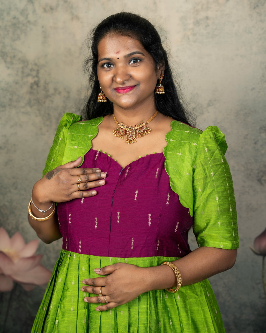 Raw Silk Light Green and Purple Combo - Feeding Long Gown for Mom