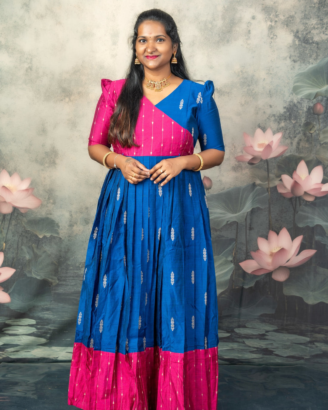Raw Silk Pink and Blue Mom Daughter Combo - Feeding Long Gown for Mom | Baby Frock