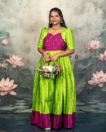Raw Silk Light Green and Purple Combo - Feeding Long Gown for Mom