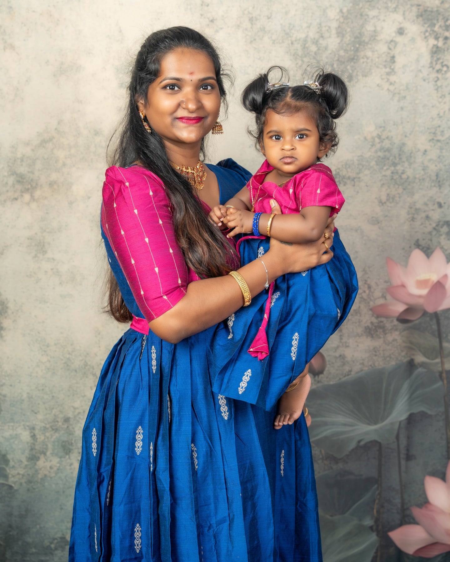 Raw Silk Pink and Blue Mom Daughter Combo - Feeding Long Gown for Mom | Baby Frock