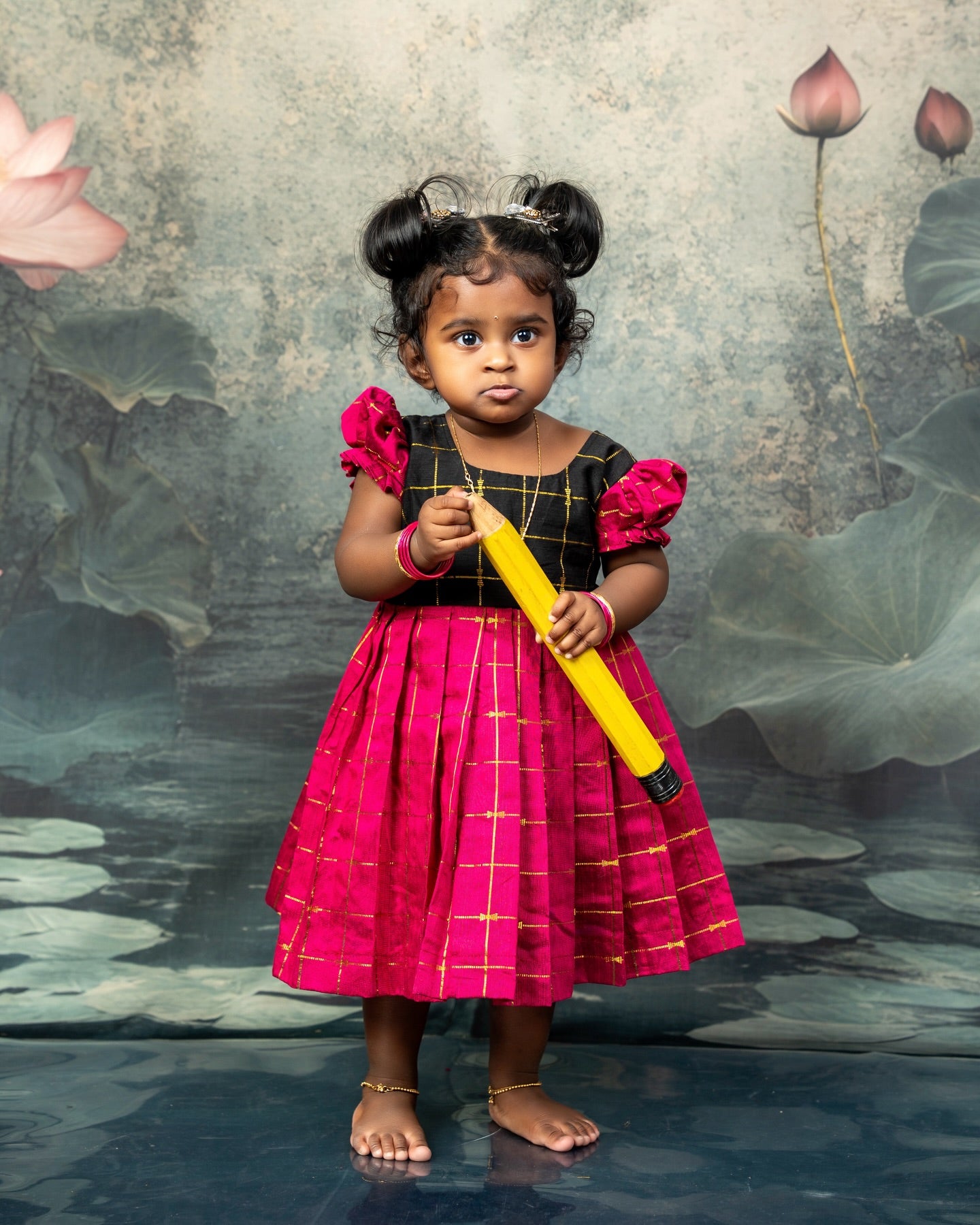 Raw Silk Black and Pink Mom Daughter Combo - Feeding Long Gown for Mom | Baby Frock