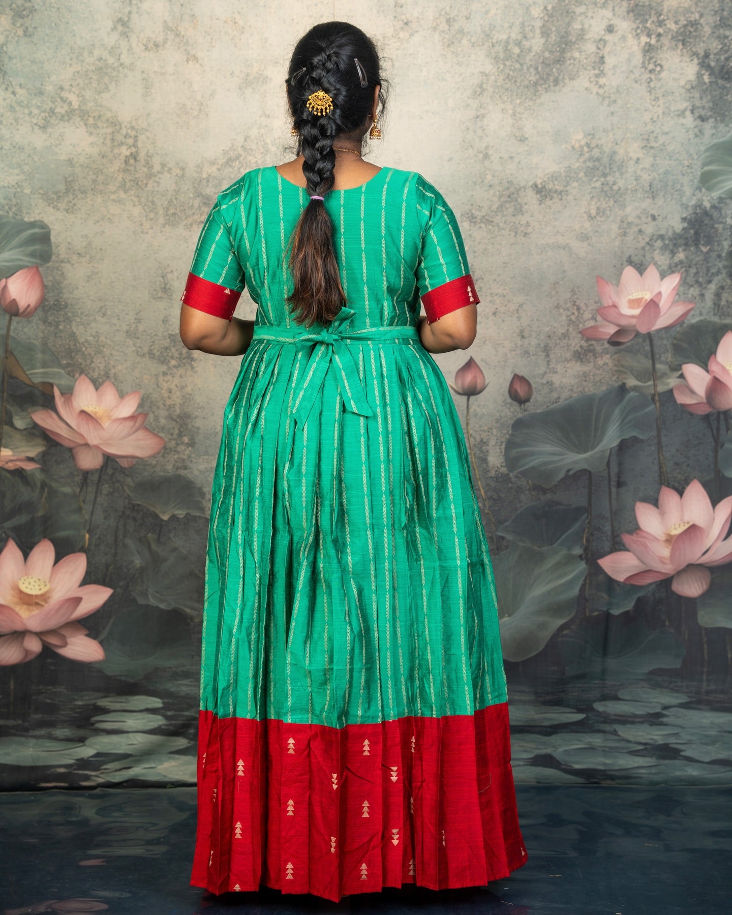 Raw Silk Red and Green Mom Daughter Combo - Feeding Long Gown for Mom | Baby Frock