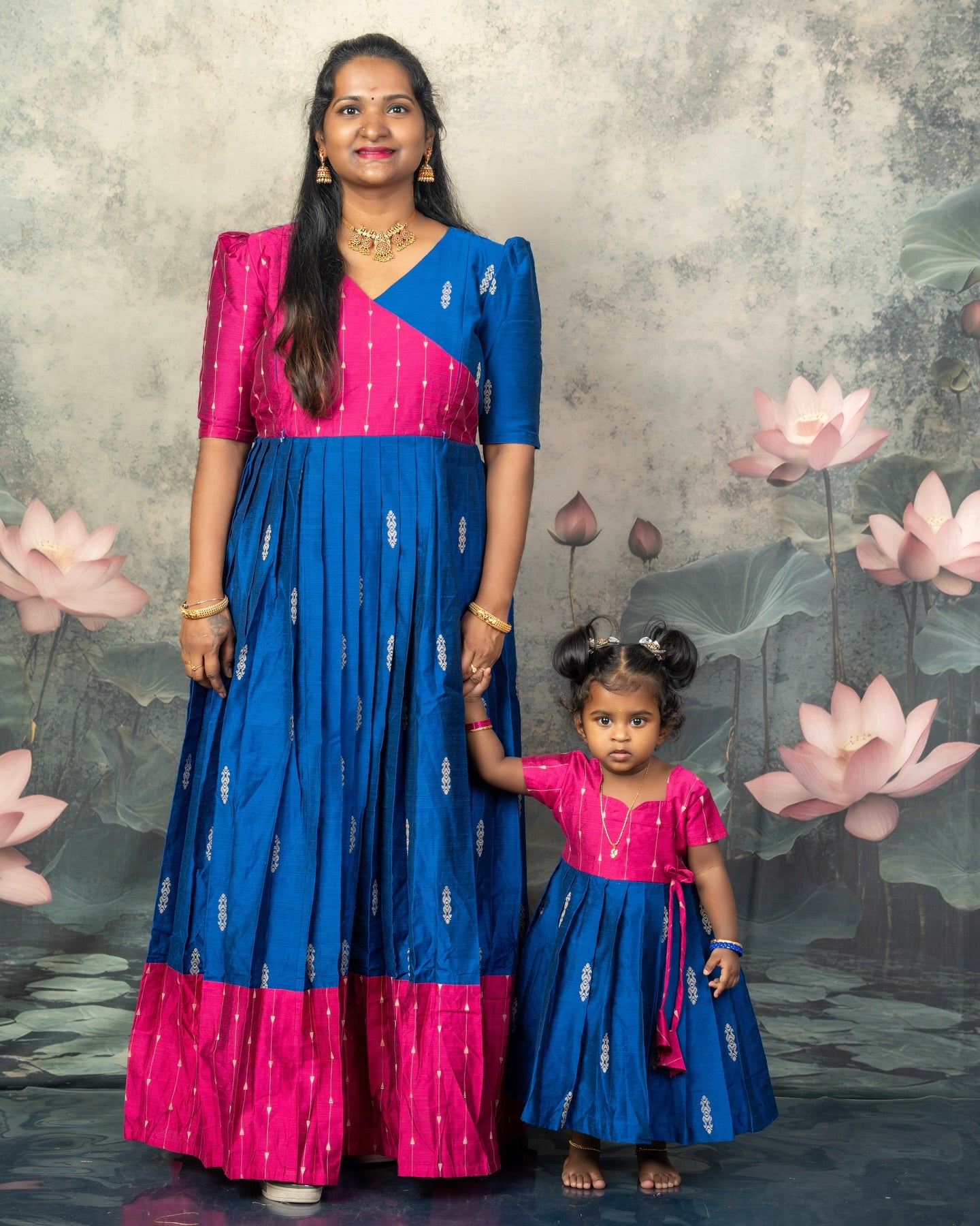 Raw Silk Pink and Blue Mom Daughter Combo - Feeding Long Gown for Mom | Baby Frock