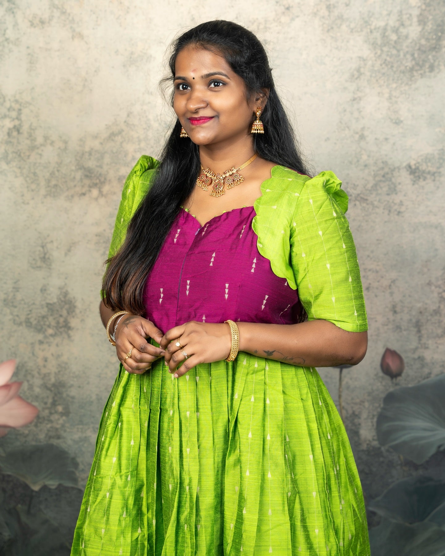 Raw Silk Light Green and Purple Mom Daughter Combo - Feeding Long Gown for Mom | Baby Frock