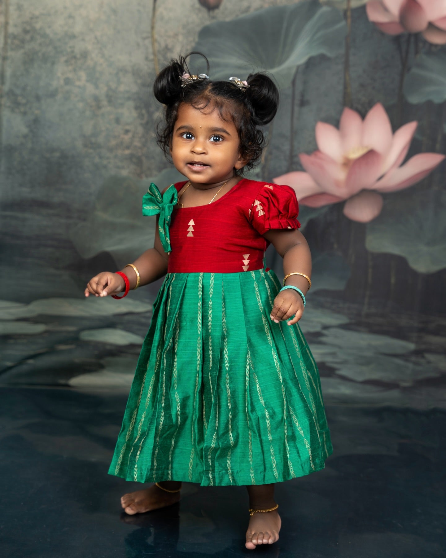 Green and Red Raw Silk Frock